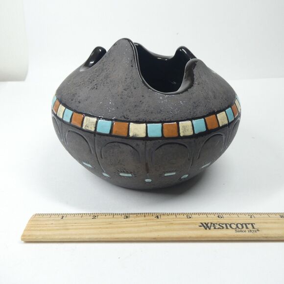 Black Ceramic Bowl Pot w/Blue Squares Geometric Signed Vtg MCM Blackware Native? - Picture 10 of 16